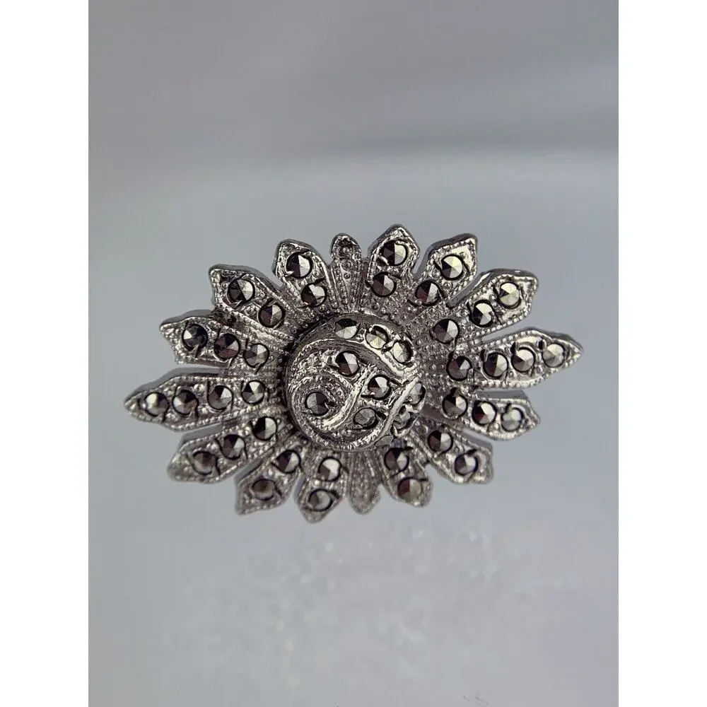 Large Sun Burst Sterling Silver Cufflinks Marcasite Shield Flower Statement VTG